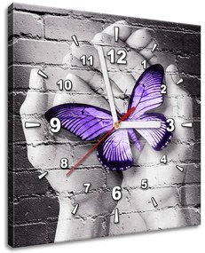 Gario Obraz s hodinami Fialový motýľ na dlaniach Rozmery: 30 x 30 cm