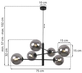 Light Home Závesne svietidlo Paris, 6x grafitové sklenené tienidlo, B, X