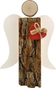 AMADEA Drevený anjel s kôrou s bielymi krídlami a čeveným srdcom, masívne drevo, 19x13,5x3 cm
