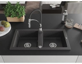 Mexen Mario, granitový drez 820x436x161 mm, 2-komorový a drezová batéria Aster, čierna škvrnitá, 6504-76-73450-07