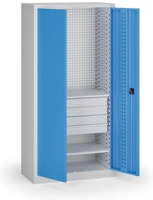 Policová dielenská skriňa 2-dverová, 2 police + 4 zásuvky, 1950 × 950 × 500 mm, modré dvere