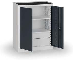 Policová dielenská skriňa 2-dverová, 2 police + 4 zásuvky, 1180 × 950 × 500 mm, grafitové dvere