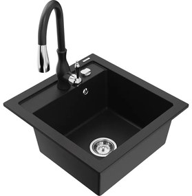 Mexen Vito, 1-komorový granitový drez 520x490x210 mm a drezová batéria Savita, čierna, 6503-77-672601-70