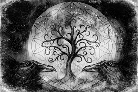 Samolepiaca tapeta čiernobiely nesmrteľný strom života