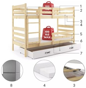 Poschodová posteľ so zásuvkou a matracmi ERIK natural 190x90 borovica - biela