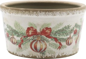 Béžový keramický kvetináč s vianočnými ozdobami Christmas Bow & Bauble – Ø 16,5*9,5 cm