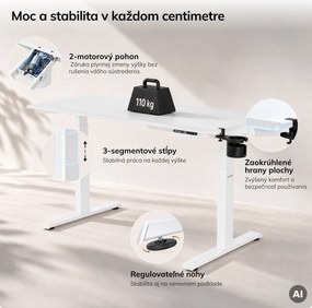 Elektrický stôl s nastaviteľnou výškou ergonomický biely,1400x700 mm: ARIA