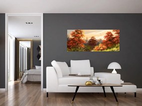 Obraz rieky v jesennej krajine, olejomaľba (120x50 cm)