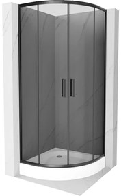 Mexen Rio, štvrťkruhový sprchovací kút s posuvnými dverami 80(dvere) x 80(dvere) x 190 cm, 6mm šedé sklo, čierny profil + biela sprchová vanička RIO, 863-080-080-70-40-4710