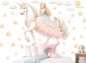 Princezná na bielom jednorožci textilní prelepiteľná nálepka na stenu hárok 46 x 38 cm