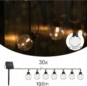LED solárna dekoratívna svetelná reťaz 30× LED, 8 funkcií, 500 mAh, 10,6 m, IP67, teplá biela