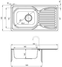 Deante Doppio, nerezový drez na dosku 1-komorový 780x430x160 3,5" + drezová batéria s ramenom typu "U" + sifón, vzor satén, ZENB0113