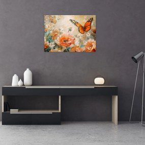 Sklenený obraz - Motýľ a kvety, olejomaľba (70x50 cm)