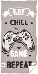 Veľká plážová osuška Eat, Chill, Game &amp; Repeat - 100 % bavlna s vysokou gramážou 400 g/m²  - extra veľký rozmer 90 × 180 cm