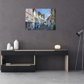 Sklenený obraz - Ulička starého mesta, akrylová maľba (70x50 cm)
