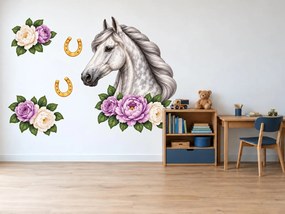 Grošák s fialovými pivóniami pastelové nálepky s koňom a pivóniami na stenu arch 35 x 46 cm