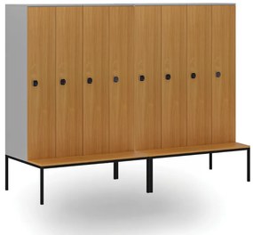 Drevená šatníková skrinka S4 s lavičkou, 4 oddiely, 1871 x 1200 x 500/800 mm, demont, kódový zámok, sivá/zelená