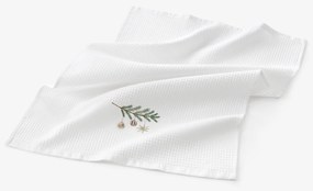 Goldea vianočná kuchynská vaflová utierka s výšivkou - baňky na vetve na bielom 50 x 70 cm