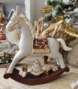 Šedá vianočná dekorácia hojdací koník s darčekmi - 18*4*18 cm
