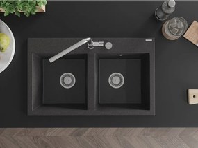 Mexen Hektor dvojkomorový granitový drez 800 x 480 mm, čierny s fľakmi, chrómový sifón - 6521802000-76