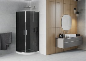 Mexen Rio, štvrťkruhový sprchovací kút s posuvnými dverami 70 x 70 cm, 6mm šedé sklo, chrómový profil + biela sprchová vanička, 863-070-070-01-40-4110