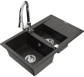 Mexen Gaspar, 1,5-komorový granitový drez 737x475x177 mm a drezová batéria Elia, čierna-zlatá metalíza, 6507-75-670101-00