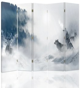 Ozdobný paraván Vlčí mlžný les - 180x170 cm, päťdielny, obojstranný paraván 360°
