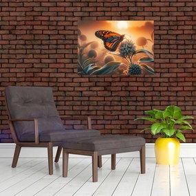 Sklenený obraz – Motýľ v zapadajúcom slnku (70x50 cm)