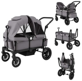 Skladací dvojitý kočík 2 v 1 s nastaviteľnou rukoväťou a odnímateľnou strieškou, sivý