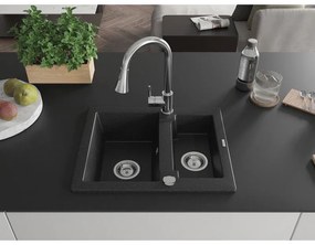Mexen Carlos, 1,5-komorový granitový drez 582x475x177 mm a drezová batéria Elia, čierna-strieborná metalíza, 6518-73-670101-00