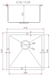 Gamma Gamma, 1-komorový oceľový drez 438x438x215 mm, brúsená oceľ, GMA-S4444-CH