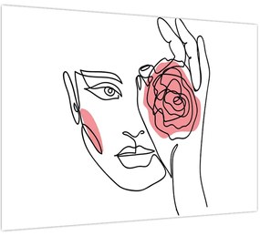 Sklenený obraz - Line art tvár s ružou (70x50 cm)