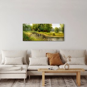 Obraz - Rieka pri lese, olejomaľba (120x50 cm)