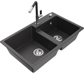 Mexen Tomas, 2-komorový granitový drez 800x500x190 mm a drezová batéria Flora, čierna škvrnitá, 6516-76-670401-07