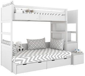 Biela poschodová posteľ s dvoma lôžkami SIMONE s úložnými schodmi a policou 90x200 cm, 120x200 cm