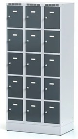 Alfa 3 Šatníková skrinka S6 na sokli s úložnými boxami, 15 boxov, 1920 x 900 x 500 mm, otočný zámok, tmavosivé dvere