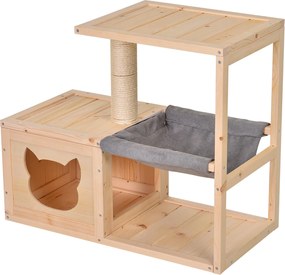 PawHut Mačacia chata s hojdacou sieťou, Mačací box so sisalovým stĺpom, Mačacia jaskyňa, Mačací strom, Mačacie aktivity centrum, Borovicové drevo, Prí