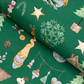 Biante Vianočné bavlnené prestieranie na stôl Sandra SA-508 Vianoční škriatkovia a ozdoby na zelenom 35x45 cm