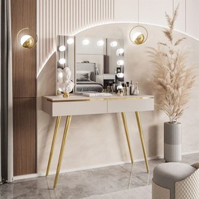 Kozmetický stolík ZOLA so zrkadlom a osvetlením kašmír + zlaté nohy