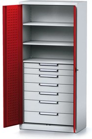 Alfa 3 Policová dielenská skriňa 2-dverová MECHANIC, 3 police, 7 zásuviek, 920 x 500 x 1950 mm, červené dvere