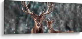 Obraz - Jeleň a laň v zasneženom lese (s hodinami) (90x30 cm)