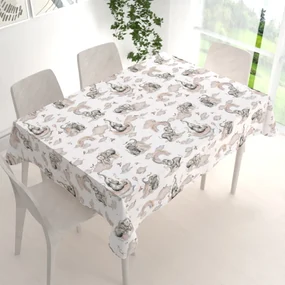 Biante Detský bavlnený obdĺžnikový obrus Sandra SA-462 Slony so sivohnedou dúhou na bielom 50x100 cm