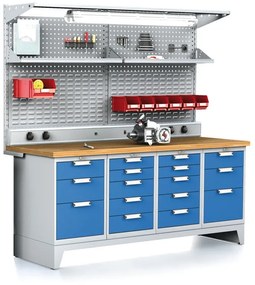 Alfa 3 Dielenský stôl MECHANIC I, perfopanel, polica, el. zásuvky, osvetlenie, 2x 5 a 2x 3 zásuvkový box na náradie, 16 zásuviek, modré dvere