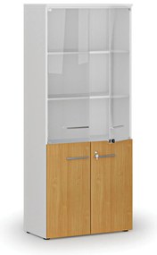 Kombinovaná kancelárska skriňa PRIMO WHITE s drevenými a sklenenými dverami, 800 x 420 x 1781 mm, biela/buk