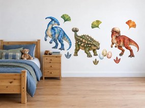 Tri dinosaury s vajíčkami maľované dinosaurie nálepky do izby chlapcov na stenu arch 46 x 19 cm