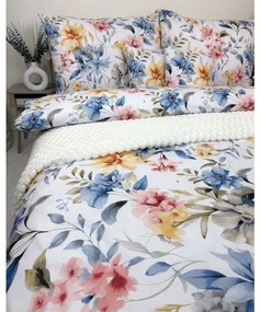 Obliečky Toscania 200x220 / 2×70x90 cm – 100% bavlna, kvetinový vzor, biely podklad s oranžovými, modrými a ružovými detailmi, zips