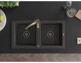 Mexen Mario, granitový drez 820x436x161 mm, 2-komorový a drezová batéria Aster, čierna škvrnitá, 6504-76-73450-57-B