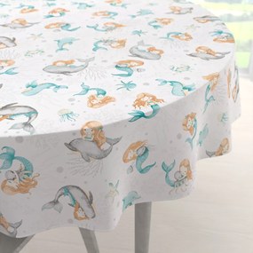Biante Detský bavlnený okrúhly obrus Sandra SA-691 Modrozelené morské panny s delfínmi a veľrybami na bielom Ø 150 cm