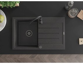 Mexen Bruno, 1-komorový granitový drez s odkvapkávačom 795x495x200 mm a čierna kuchynská batéria Telma, čierna škvrnitá, 6513-76-670200-70-B