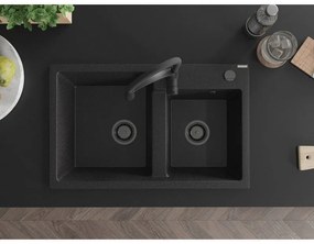 Mexen Tomas, 2-komorový granitový drez 800x500x190 mm a drezová batéria Aster, čierna-strieborná metalíza, 6516-73-73450-70-B